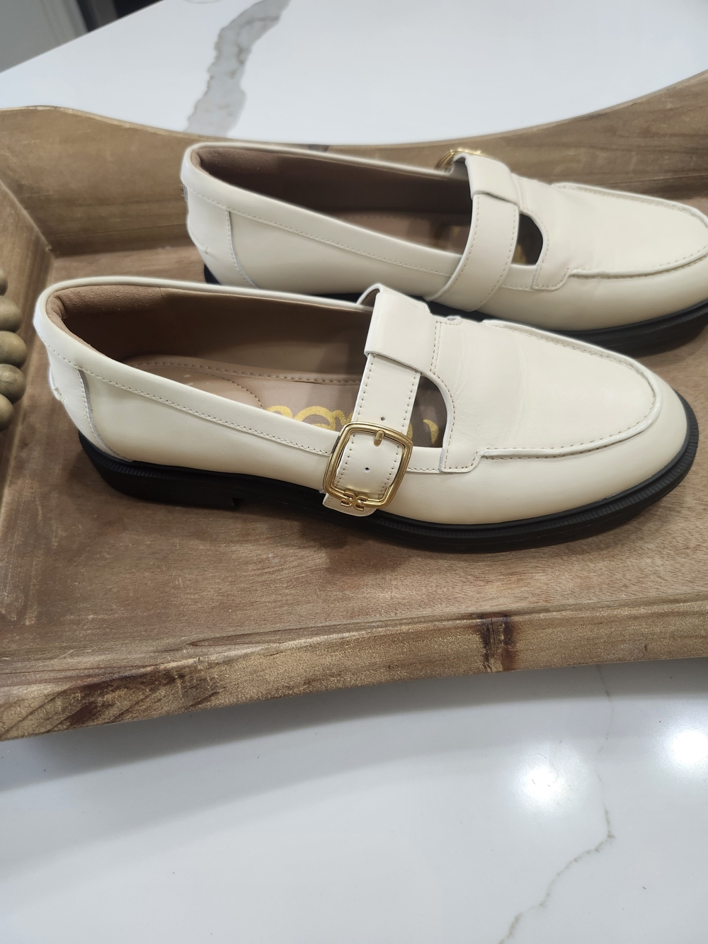 Sam Edelman Elaina Mary Jane Loafers Cream Leather T-Strap Gold Buckle Women's 8 - Picture 4 of 9